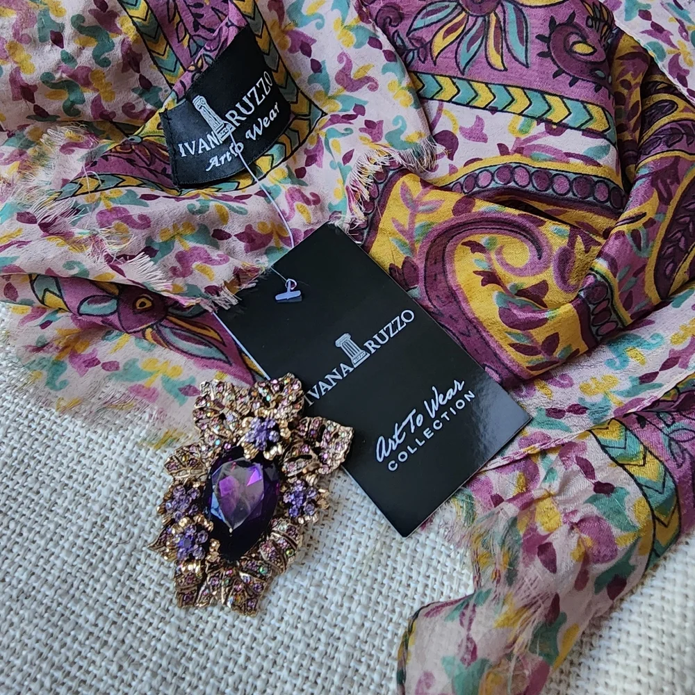 Designer Purple Scarf 100% Soft Silk Paisley Print Violet Gold Brooch